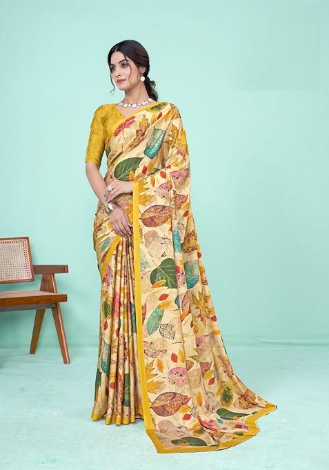 Multicolour Abstract Print Crepe Saree Set