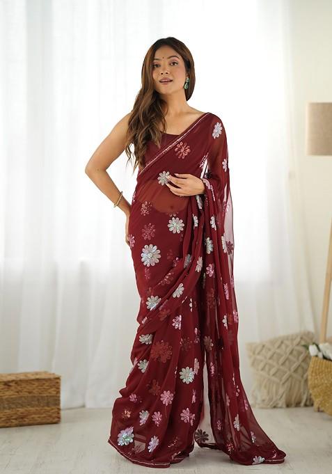 Coffee Brown Sequin Embroidered Faux Georgette Saree Set