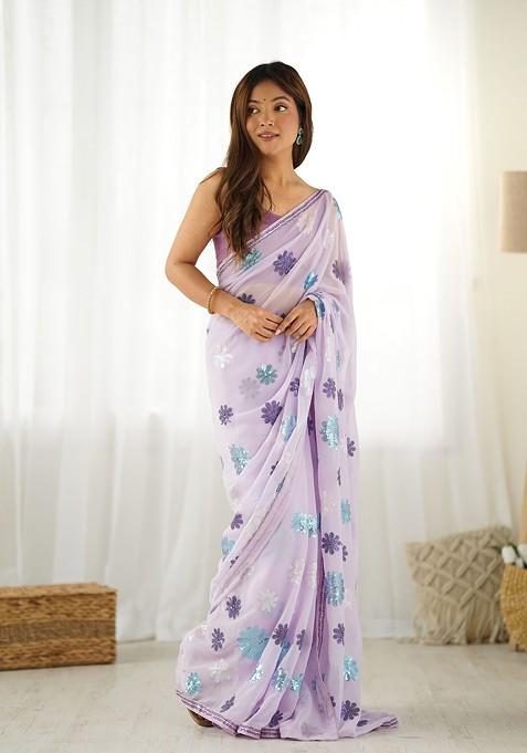 Lavender Sequin Embroidered Faux Georgette Saree Set