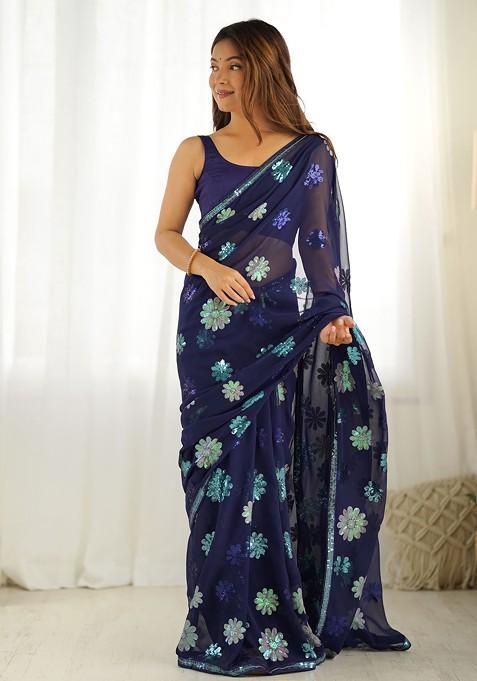 Navy Blue Sequin Embroidered Faux Georgette Saree Set