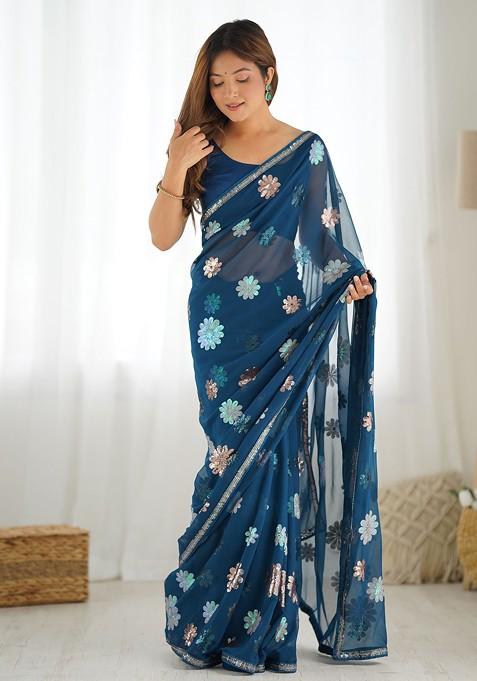 Teal Sequin Embroidered Faux Georgette Saree Set