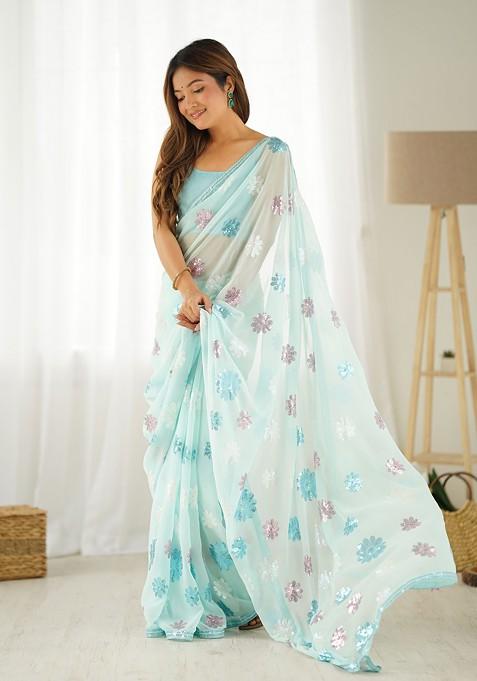 Sky Blue Sequin Embroidered Faux Georgette Saree Set