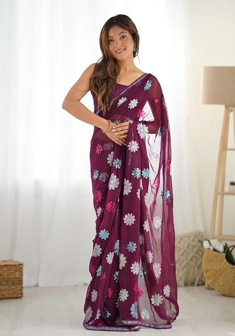 Wine Sequin Embroidered Faux Georgette Saree Set