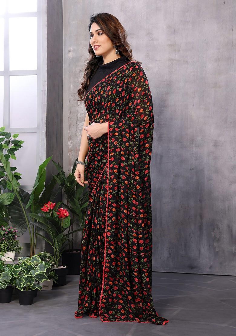 Black Abstract Print Georgette Saree Set - Indya