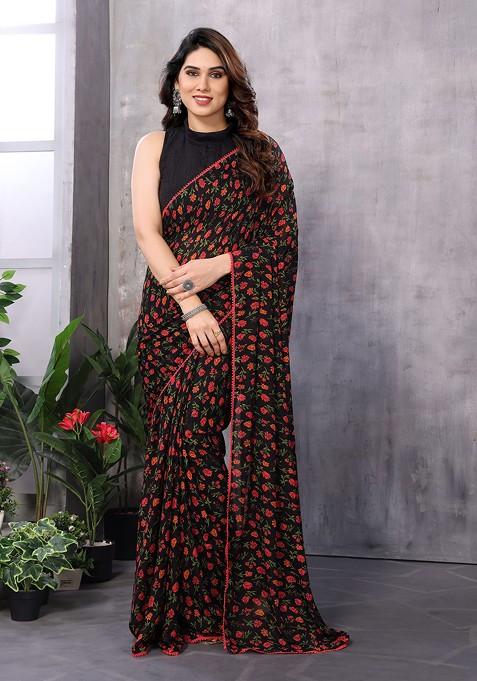 Black Abstract Print Georgette Saree Set