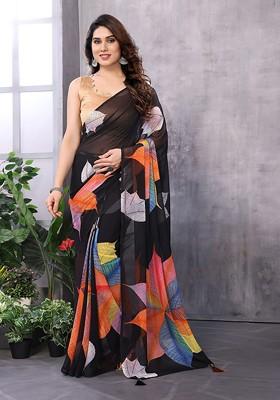 Black Abstract Print Georgette Saree Set