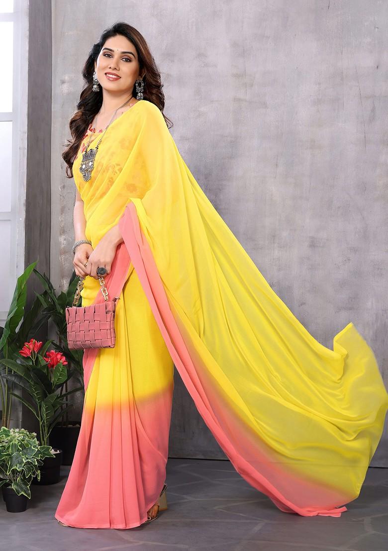 Yellow Abstract Print Georgette Saree Set