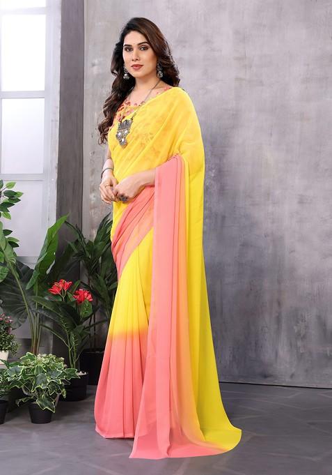 Yellow Abstract Print Georgette Saree Set