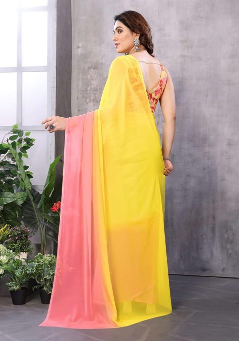 Yellow Abstract Print Georgette Saree Set