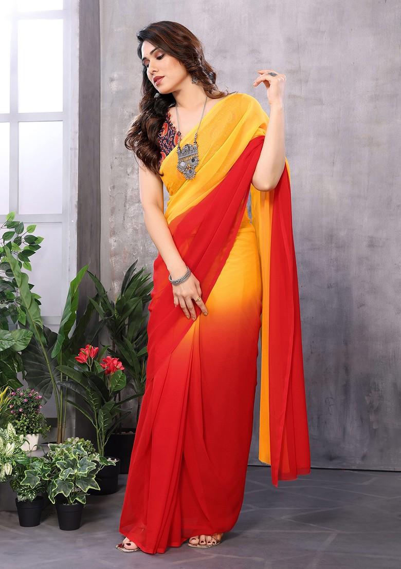 Orange Abstract Print Georgette Saree Set - Indya