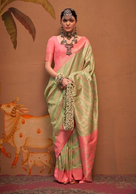 Olive Zari Woven Linen Saree Set