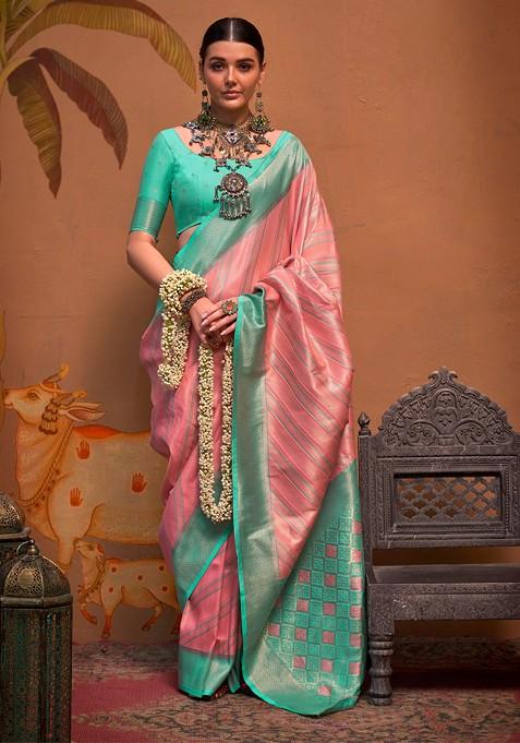 Pink Zari Woven Linen Saree Set