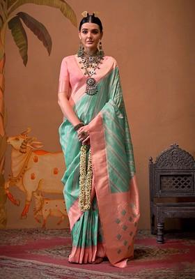 Sky Blue Zari Woven Linen Saree Set