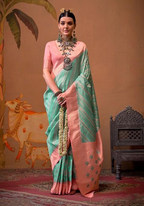 Sky Blue Zari Woven Linen Saree Set