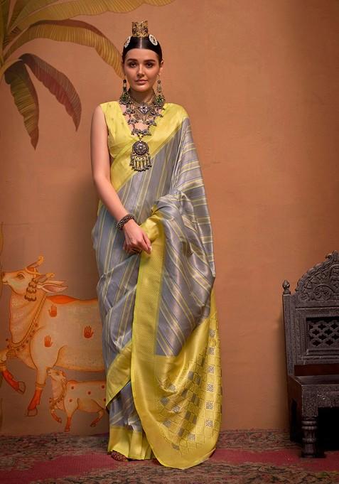 Grey Zari Woven Linen Saree Set