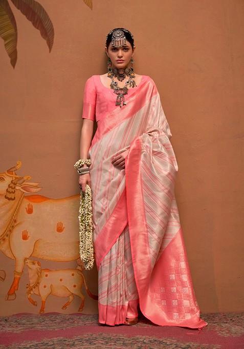 Off White Zari Woven Linen Saree Set