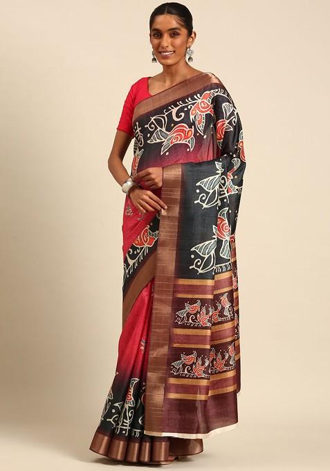 Pink Abstract Print Cotton Saree Set