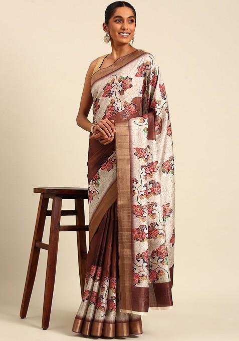 White Abstract Print Cotton Saree Set