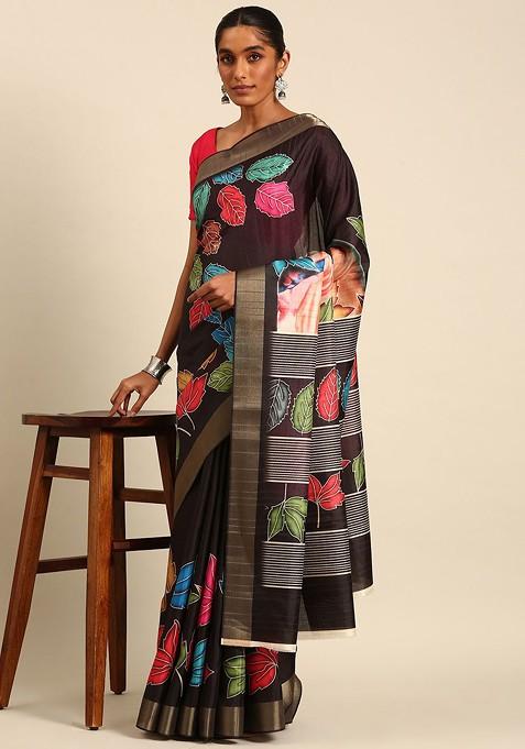 Black Abstract Print Cotton Saree Set