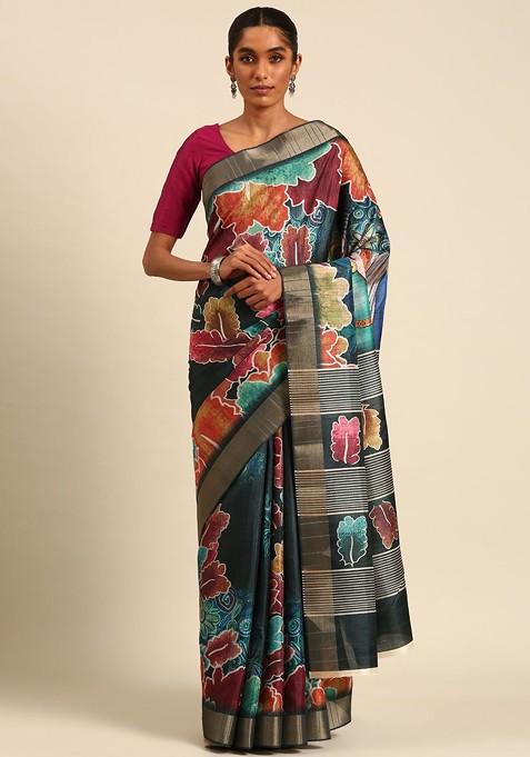 Multicolour Abstract Print Cotton Saree Set