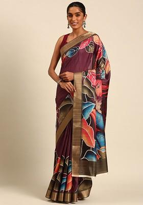 Wine Abstract Print Cotton Saree Set