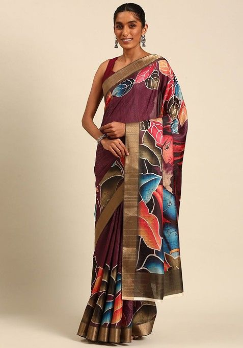 Wine Abstract Print Cotton Saree Set