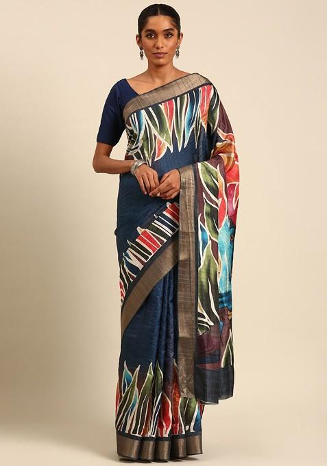 Blue Abstract Print Cotton Saree Set