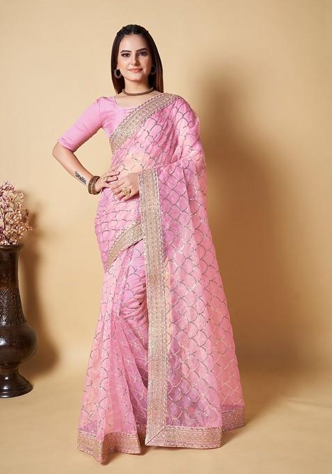 Pink Sequin Embroidered Organza Saree Set