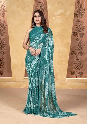 Sea Green Floral Print Georgette Saree Set