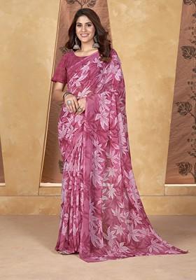 Pink Floral Print Georgette Saree Set