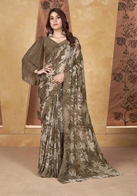 Brown Floral Print Georgette Saree Set