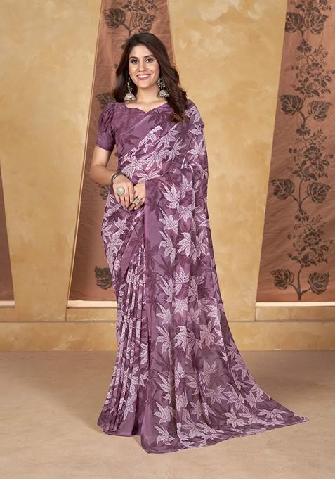Purple Floral Print Georgette Saree Set