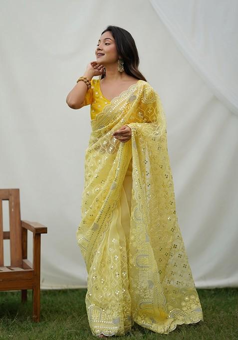 Yellow Sequin Embroidered Organza Saree Set