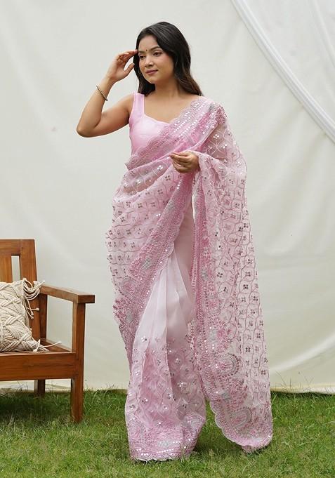 Baby Pink Sequin Embroidered Organza Saree Set