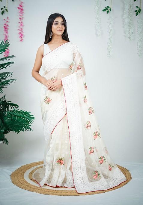 White Resham Embroidered Organza Saree Set