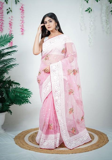 Pink Resham Embroidered Organza Saree Set