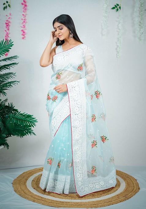 Sky Blue Resham Embroidered Organza Saree Set