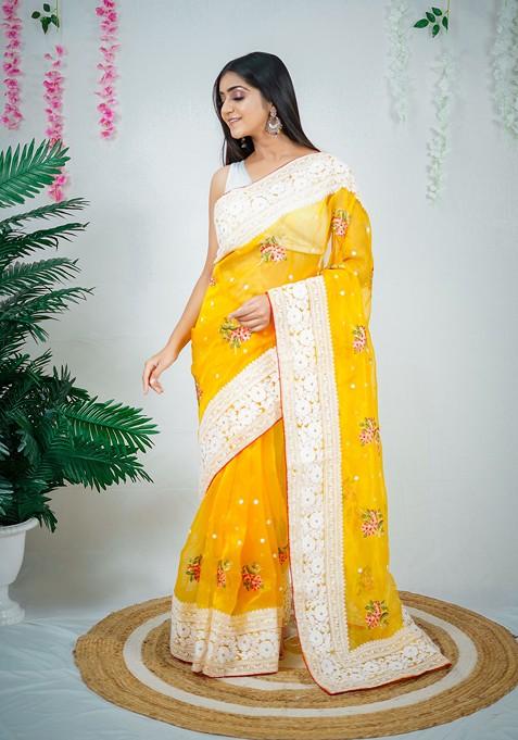 Yellow Resham Embroidered Organza Saree Set