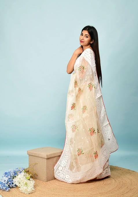 Off White Resham Embroidered Organza Saree Set