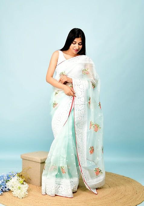 Sea Green Resham Embroidered Organza Saree Set