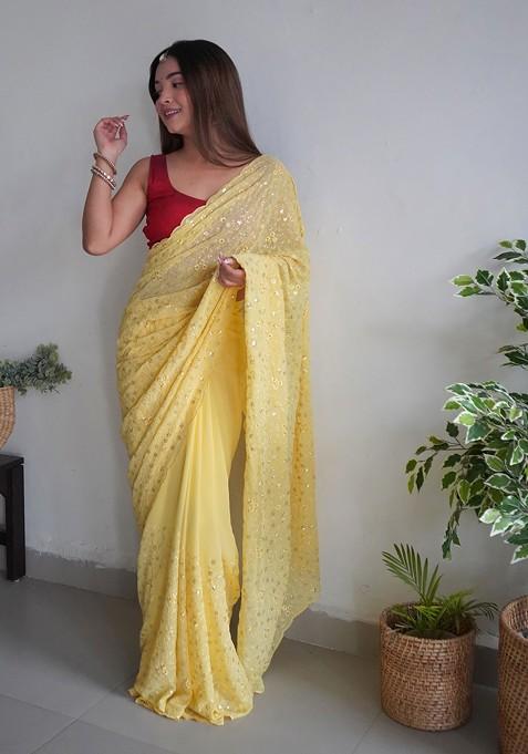 Yellow Sequin Embroidered Georgette Saree Set