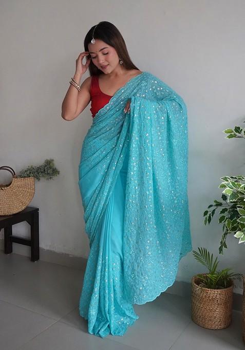 Blue Sequin Embroidered Georgette Saree Set