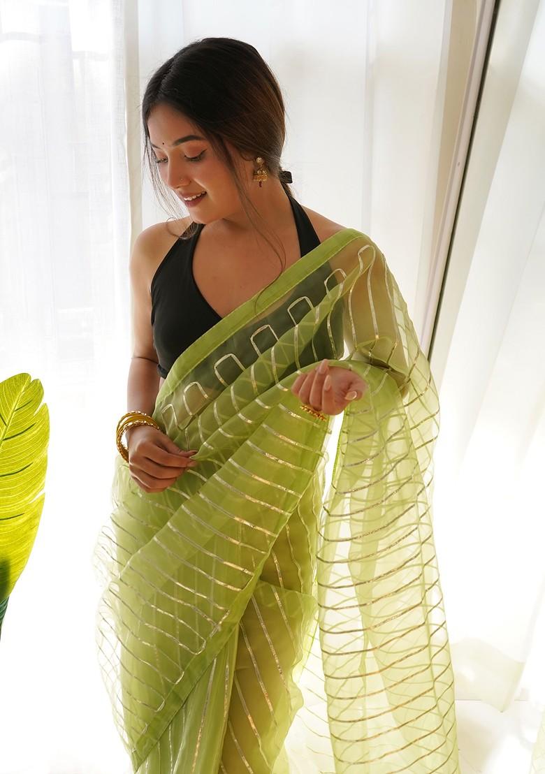 Green Gota Patti Embroidered Organza Saree Set - Indya