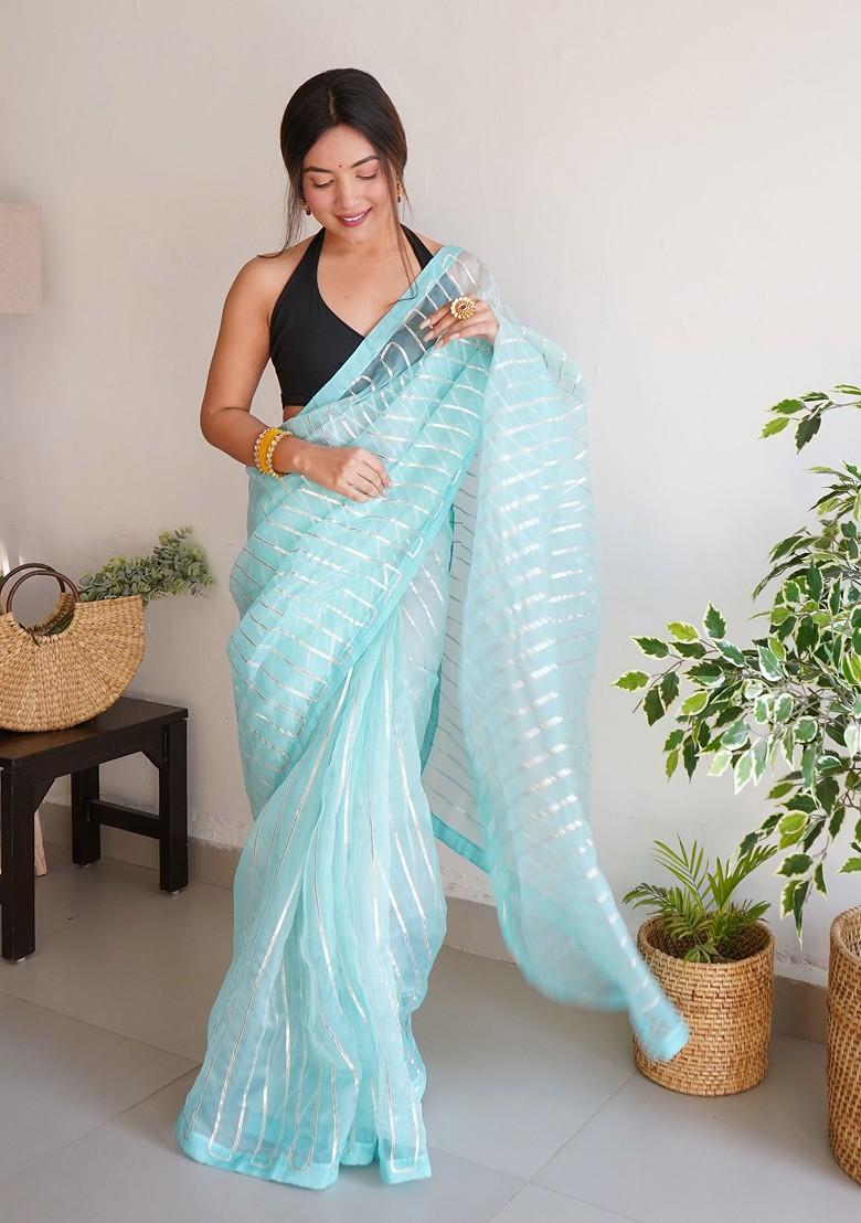 Sky Blue Gota Patti Embroidered Organza Saree Set