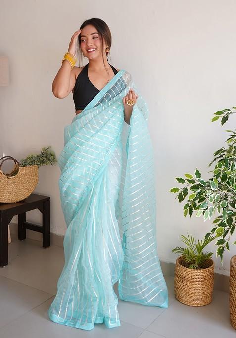 Sky Blue Gota Patti Embroidered Organza Saree Set