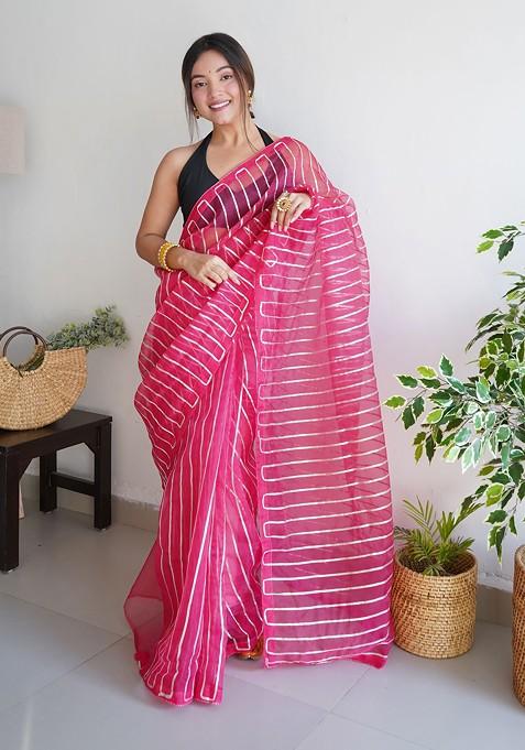 Pink Gota Patti Embroidered Organza Saree Set