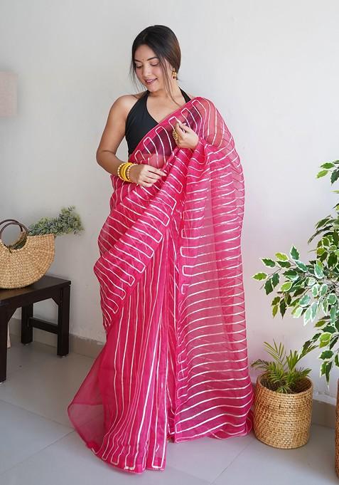 Pink Gota Patti Embroidered Organza Saree Set