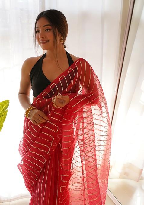 Pink Gota Patti Embroidered Organza Saree Set