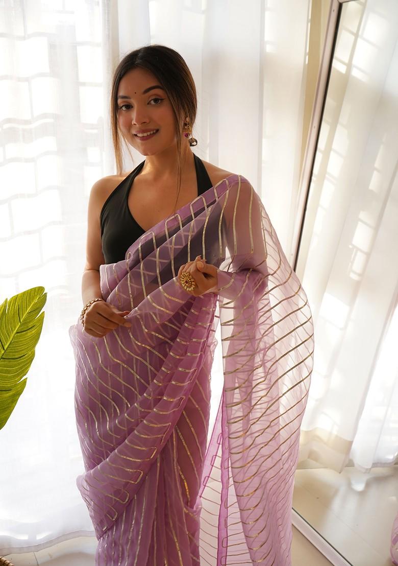 Lavender Gota Patti Embroidered Organza Saree Set - Indya