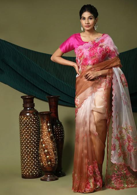 Brown Hand Embroidered Organza Saree Set